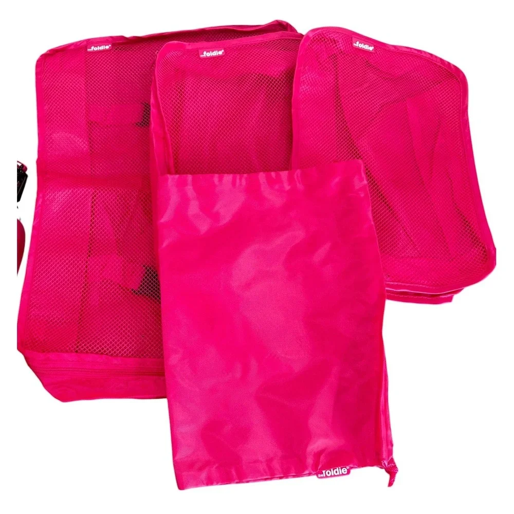 The Foldie Hot Pink Travel Tote Weekender Bag Packing Cubes Carry On Luggage Set